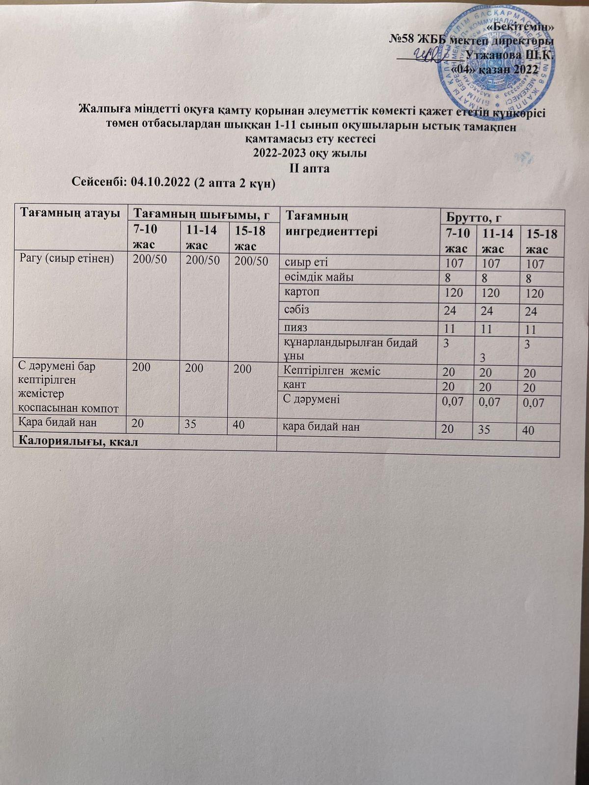 Ас мәзірі - 07.10.2022  жыл