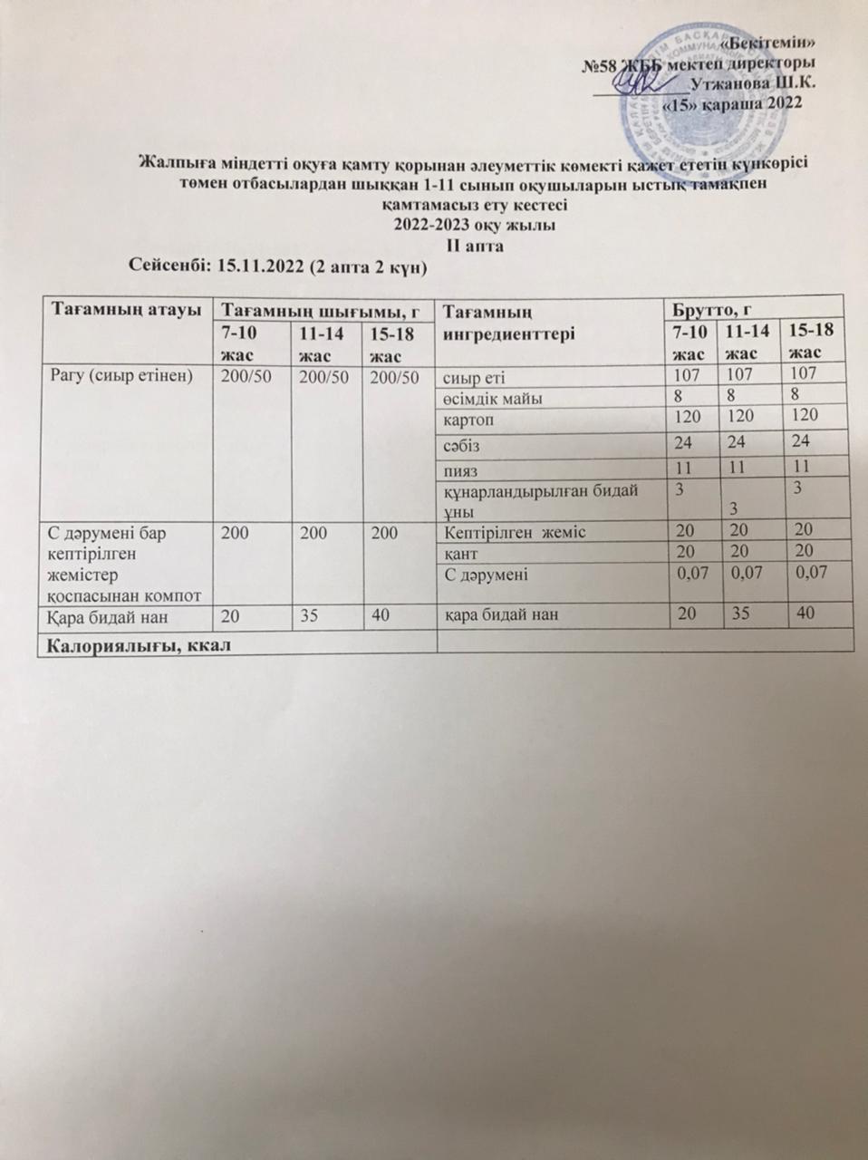 Ас мәзірі 15.11.2022 жыл