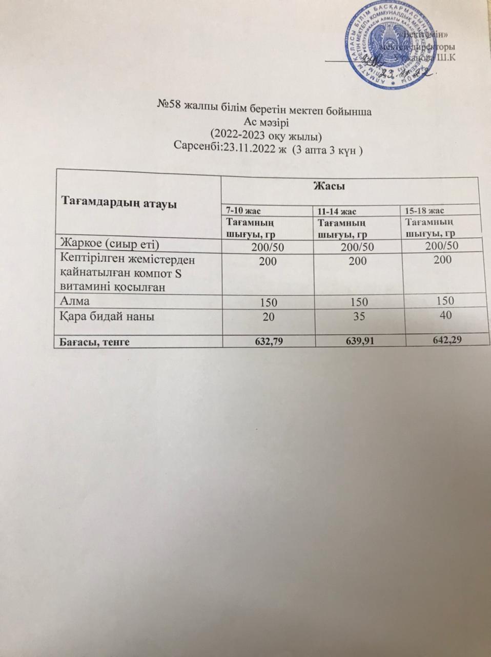 Ас мәзірі 23.11.2022 жыл