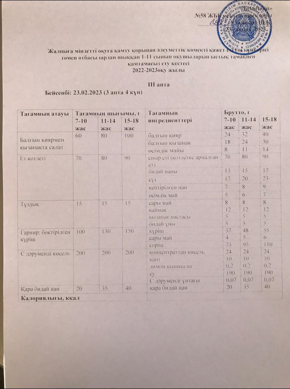 Ас мәзірі 23.02.2023 жыл