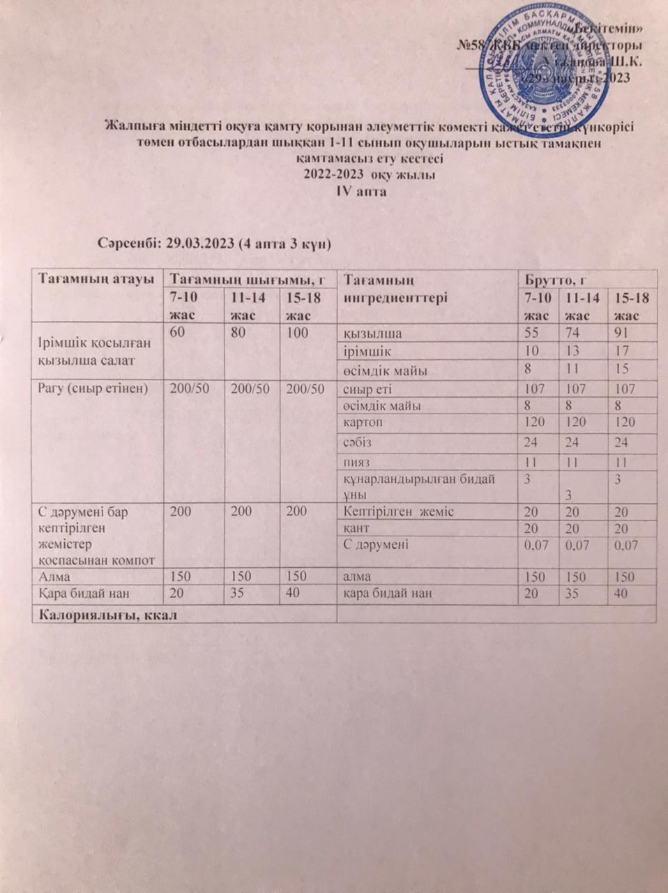Ас мәзірі 29.03.2023 жыл