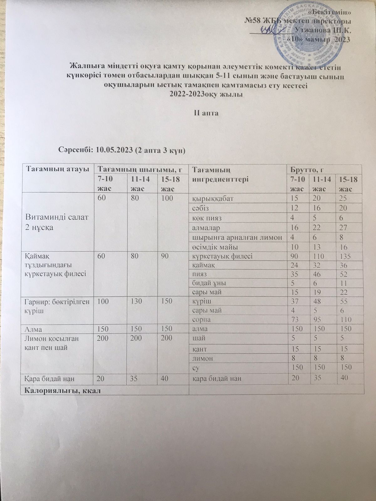 Ас мәзірі 10.05.2023 жыл