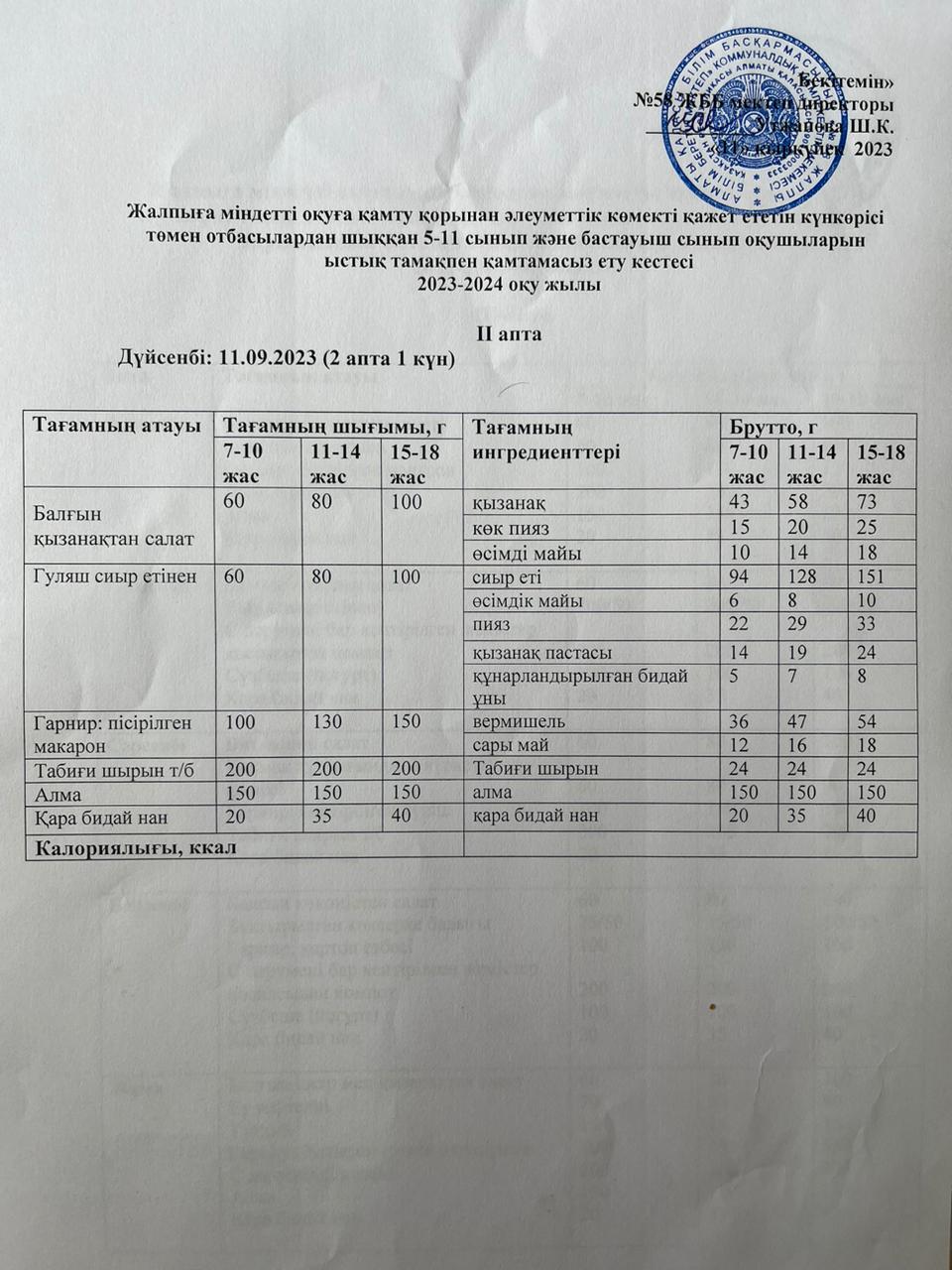 Ас мәзірі 11.09.2023 жыл