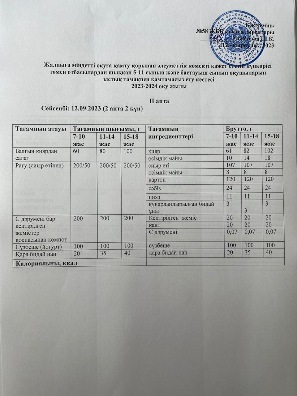 Ас мәзірі 12.09.2023 жыл
