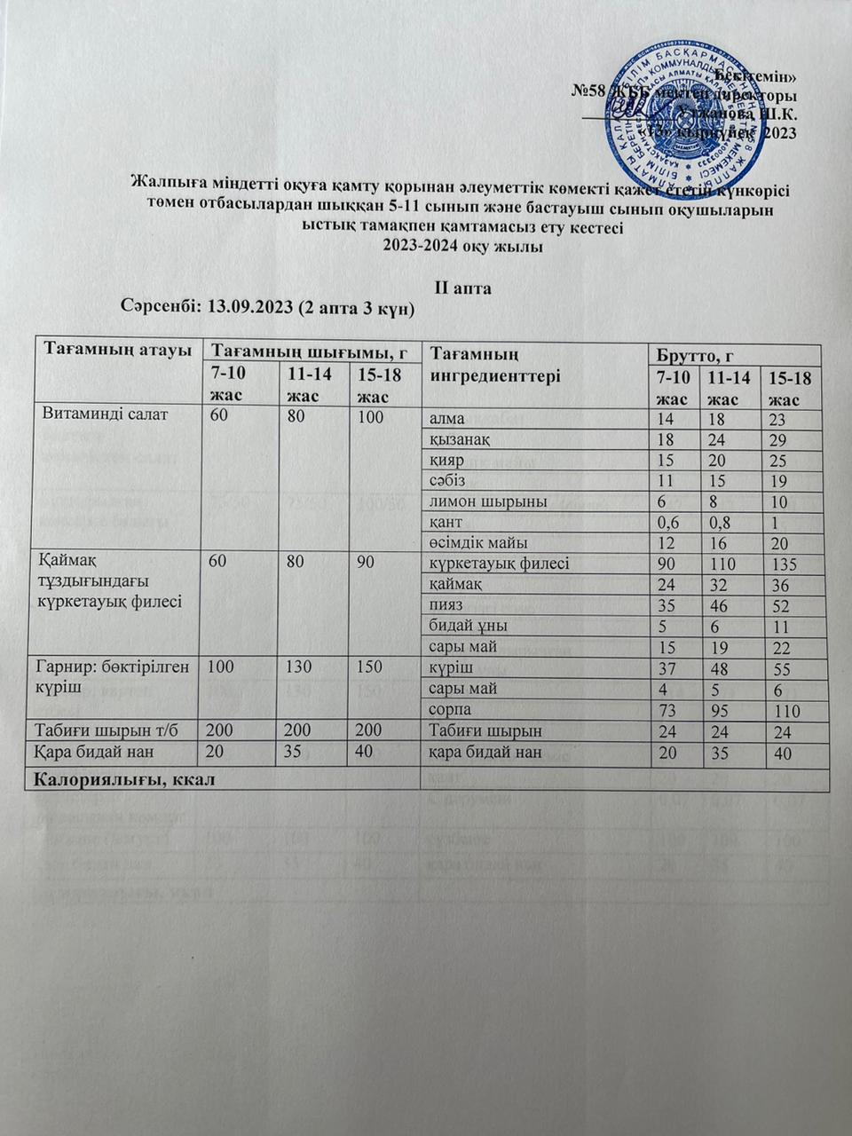 Ас мәзірі 13.09.2023 жыл