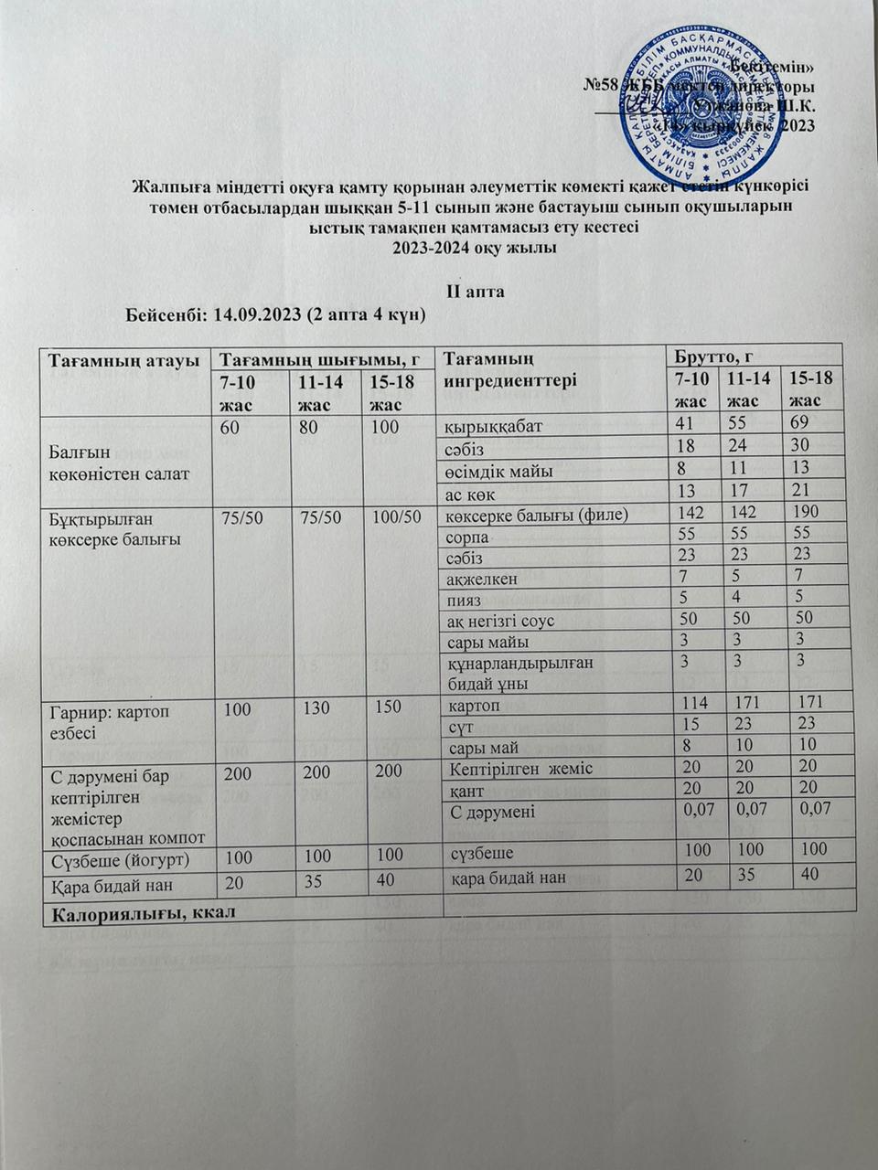 Ас мәзірі 14.09.2023 жыл