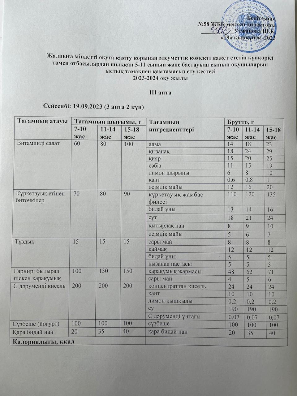 Ас мәзірі 19.09.2023 жыл