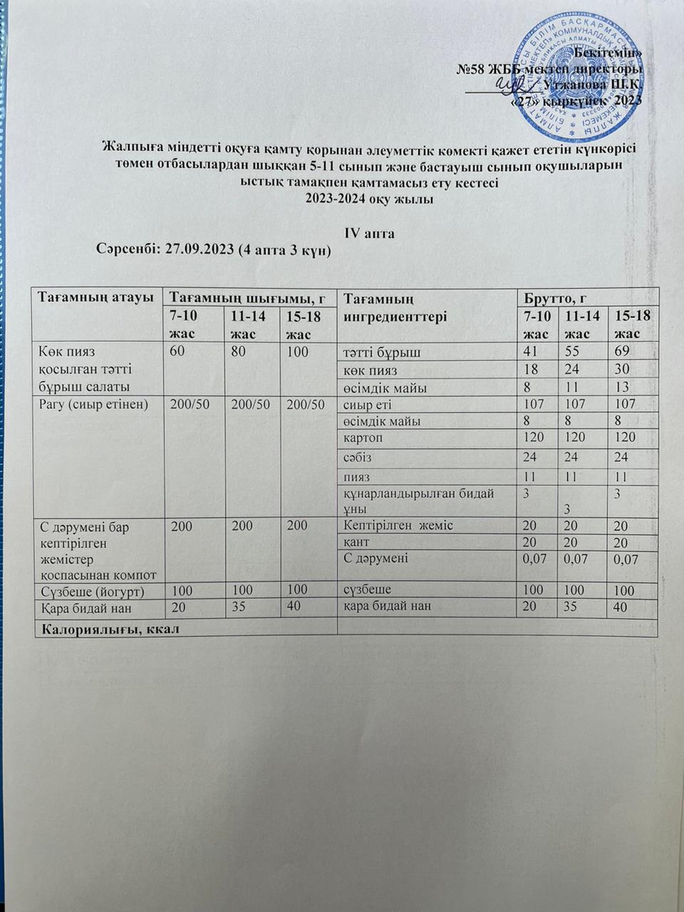 Ас мәзірі 27.09.2023 жыл