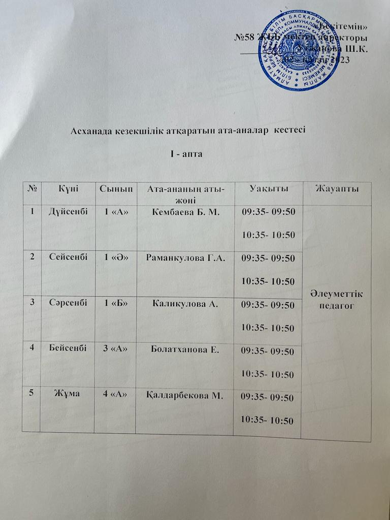 Асханада қазан айында кезекшілік атқаратын ата-аналар кестесі